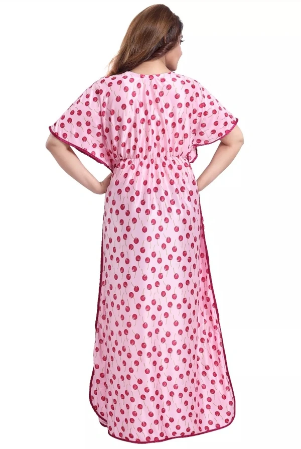 Premium Quality Satin V Neck Printed Kaftan Night Gown For Women - XL, Pink