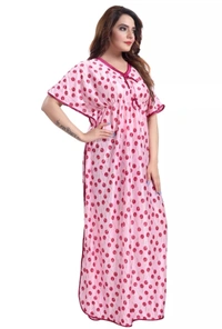 Premium Quality Satin V Neck Printed Kaftan Night Gown For Women - XL, Pink
