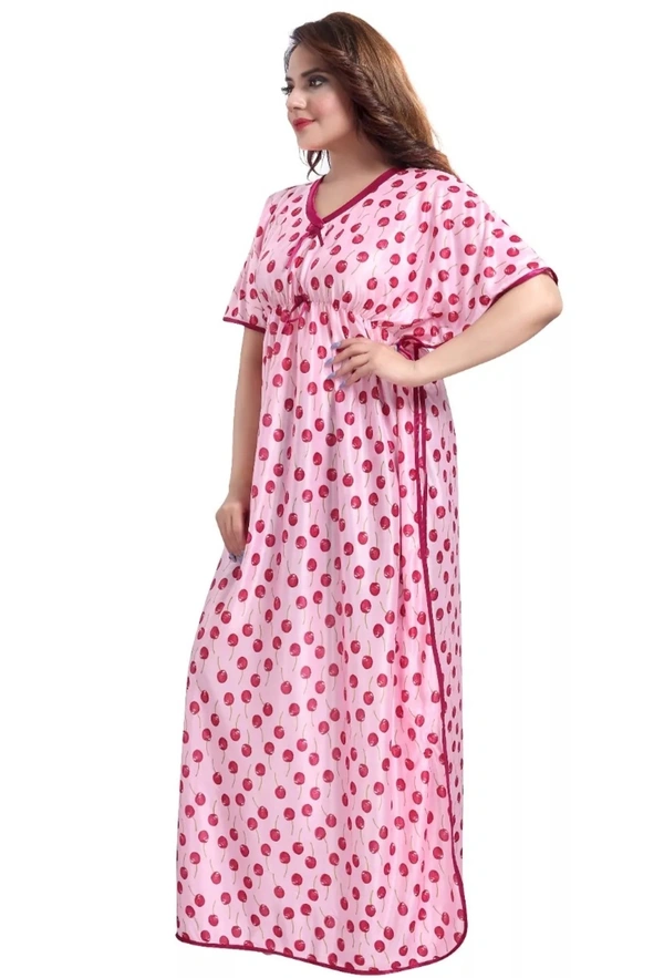 Premium Quality Satin V Neck Printed Kaftan Night Gown For Women - XL, Pink