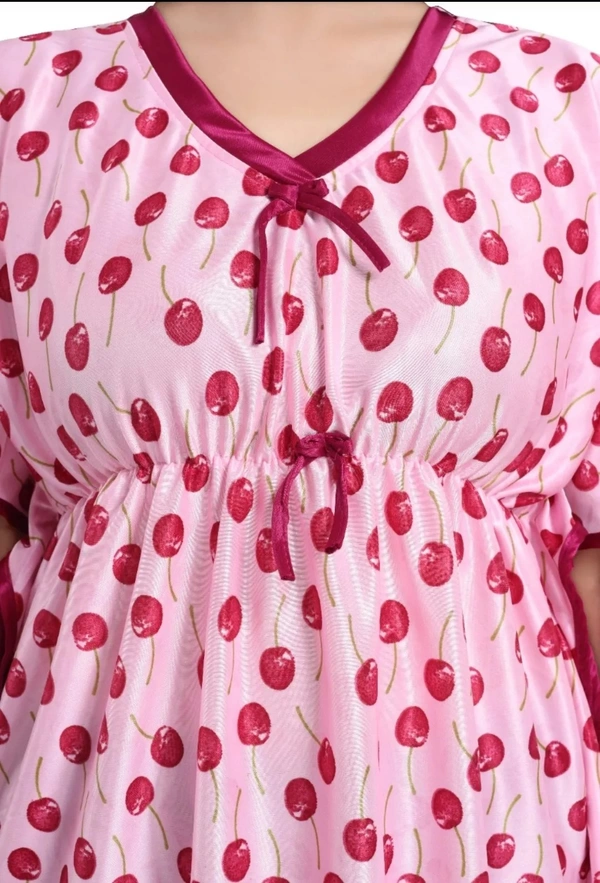 Premium Quality Satin V Neck Printed Kaftan Night Gown For Women - XL, Pink