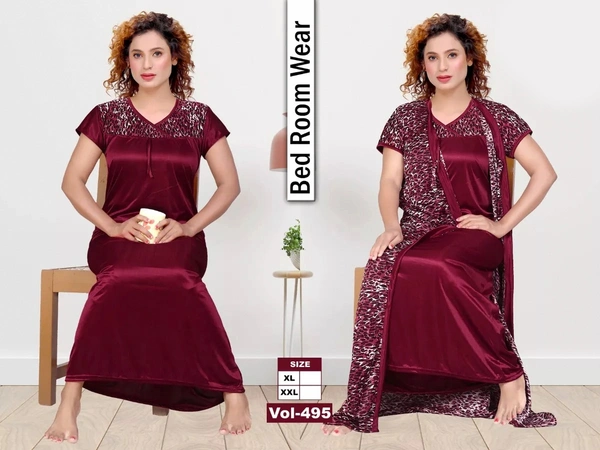 Satin Two Pcs Half Printed Babydoll Set For Women Nightdress - XL, Maroon