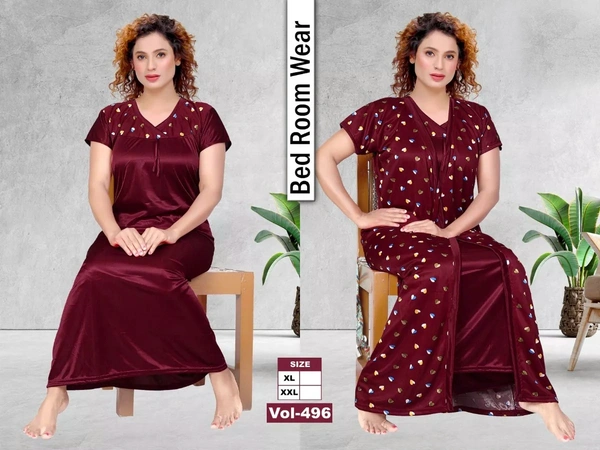 Satin Two Pcs Half Printed Babydoll Set For Women Nightdress - XL, Maroon