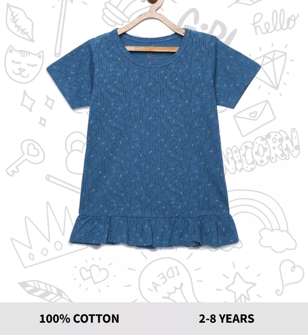 100% Cotton Half Sleeves Graphic Print T-Shirts For Girls - 5-6 Years(26), Blue