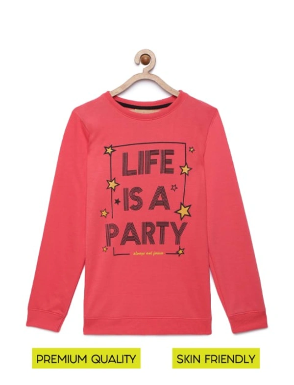 Kids Girls 8-14 Years Peach Full Sleeves Crew Neck Poly Sweatshirt with Life is a Party Chest Graphic Detail - 13-14 Years(36), Peach