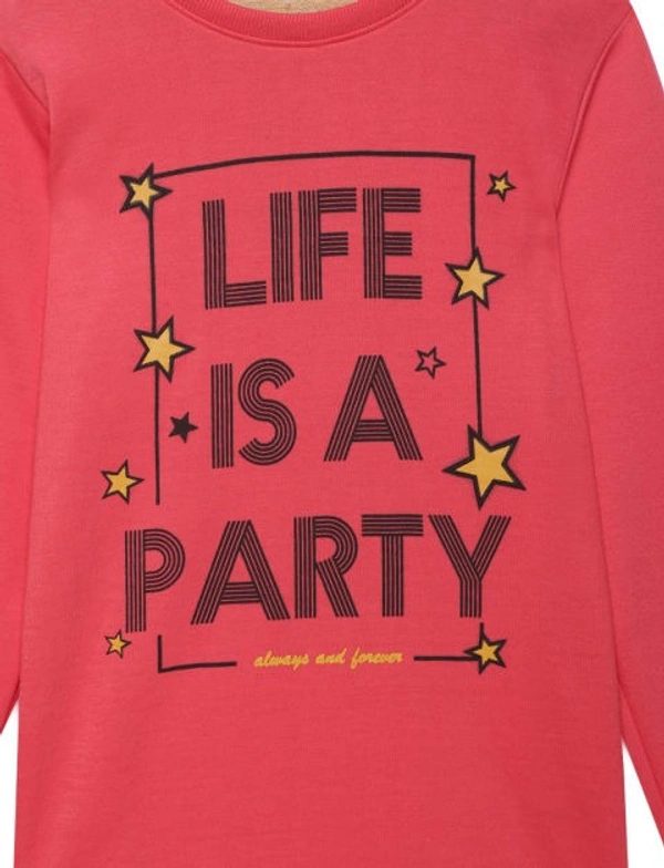 Kids Girls 8-14 Years Peach Full Sleeves Crew Neck Poly Sweatshirt with Life is a Party Chest Graphic Detail - 13-14 Years(36), Peach