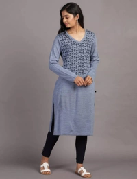 Winter Wear Acrylic Acro Wool Knee Length Straight Kurti For Women-Winter Collection -BLUE (Size - M/L And XL/XXL) - XL/2XL, Blue