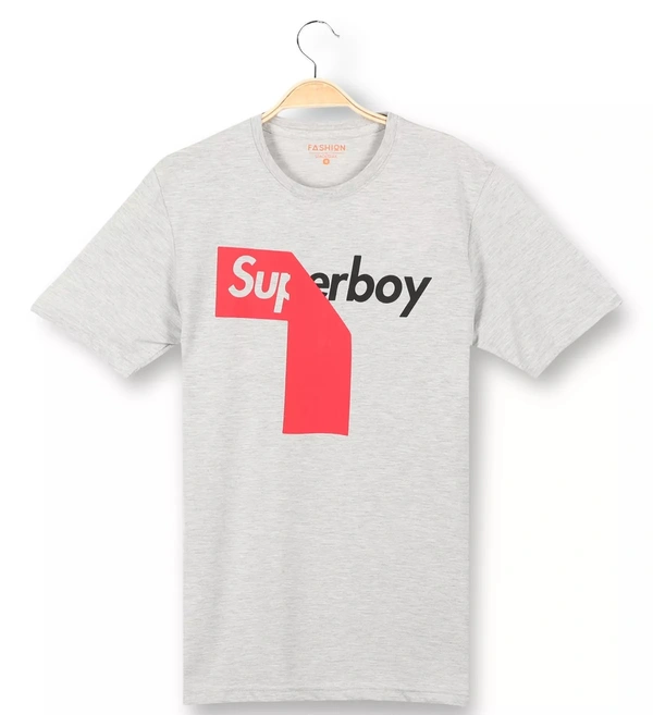 Cotton Rich Round Neck Graphic Print T-Shirt Men- SUPER BOY - Medium(M), Grey Melange