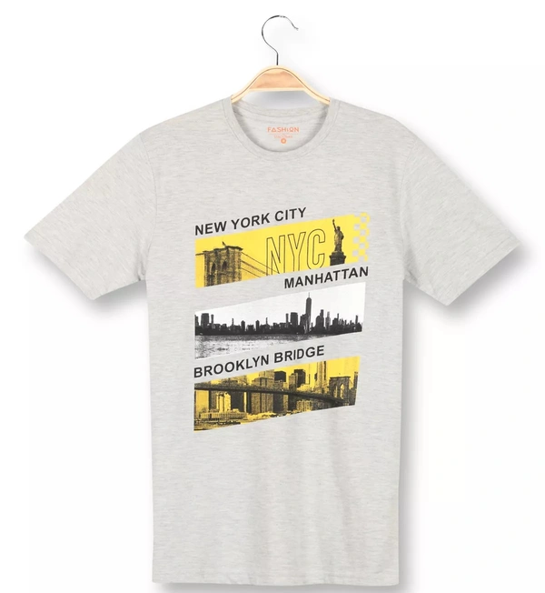 Cotton Rich Round Neck Graphic Printed T-Shirt Men- NYC - Medium (M), Grey Melange