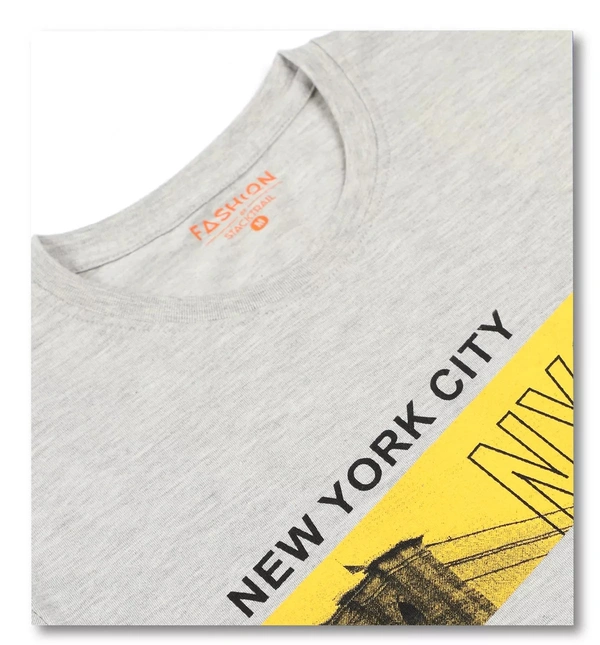 Cotton Rich Round Neck Graphic Printed T-Shirt Men- NYC - Medium (M), Grey Melange