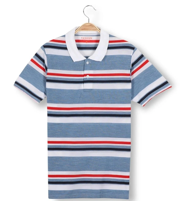 Blend Fabric Collar Neck Striped T-Shirt Men-Turquoish And White - Medium (M), Turquoish