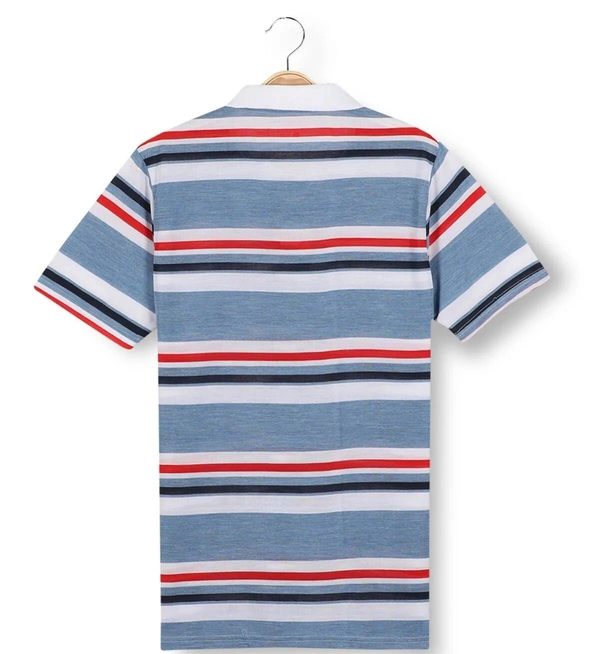 Blend Fabric Collar Neck Striped T-Shirt Men-Turquoish And White - Medium (M), Turquoish