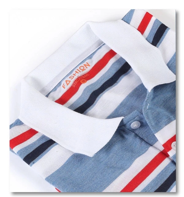 Blend Fabric Collar Neck Striped T-Shirt Men-Turquoish And White - Medium (M), Turquoish