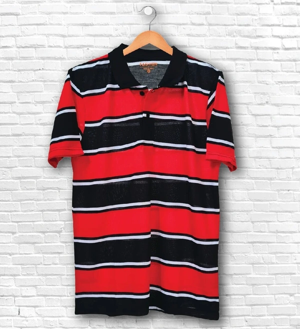 Cotton Rich Collar Neck Striped T-Shirt Men-Black And Red - Medium (M), Red & Black