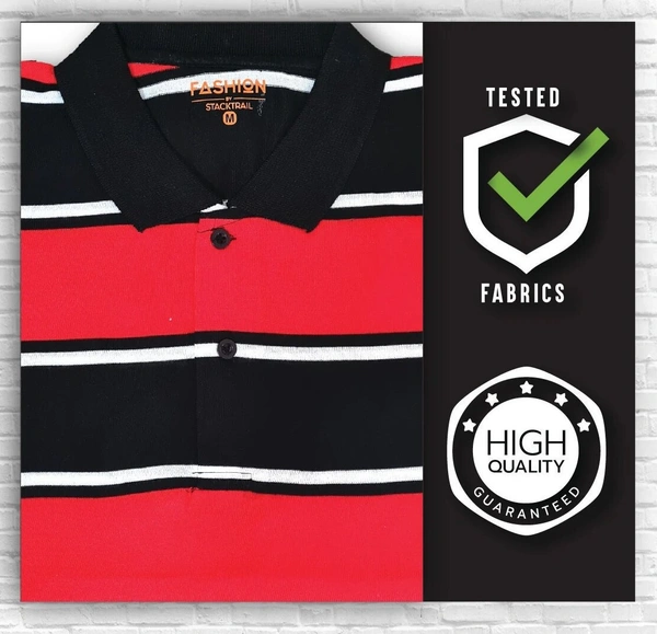 Cotton Rich Collar Neck Striped T-Shirt Men-Black And Red - Medium (M), Red & Black