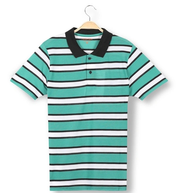 Blended Cotton Collar Neck Striped T-Shirt Men-Teal And White - Medium (M), Teal And White