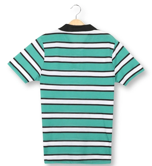 Blended Cotton Collar Neck Striped T-Shirt Men-Teal And White - Medium (M), Teal And White