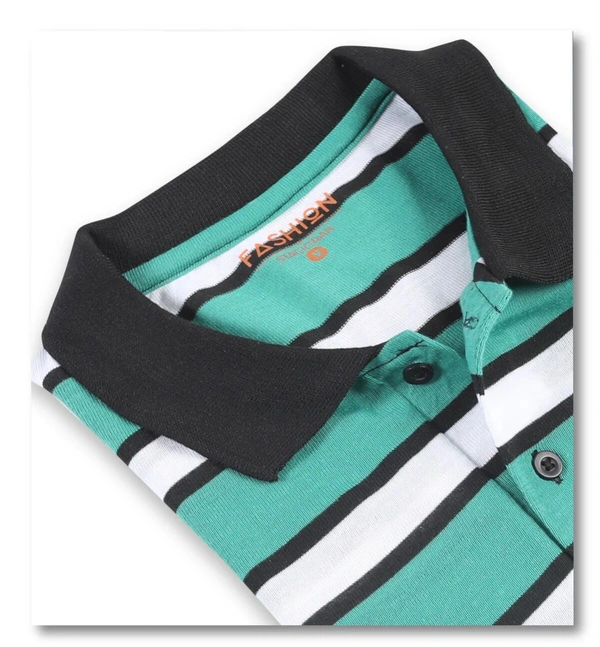 Blended Cotton Collar Neck Striped T-Shirt Men-Teal And White - Medium (M), Teal And White
