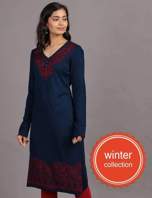 Winter Wear Acrylic Acro Wool Knee Length Straight Kurti For Women-Winter Collection -NAVY BLUE (Size L - M/L And Size XL- XL/XXL) - M/L, Navy Blue