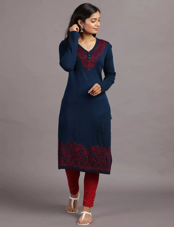 Winter Wear Acrylic Acro Wool Knee Length Straight Kurti For Women-Winter Collection -NAVY BLUE (Size L - M/L And Size XL- XL/XXL) - M/L, Navy Blue