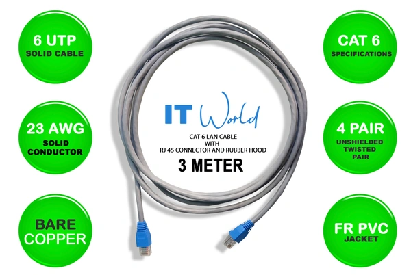CAT 6 LAN Cable With RJ45 Connector And RJ45 Rubber Hood - 3 Meter