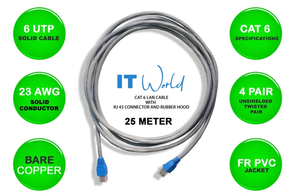 CAT 6 LAN Cable With RJ45 Connector And RJ45 Rubber Hood - 25 Meter