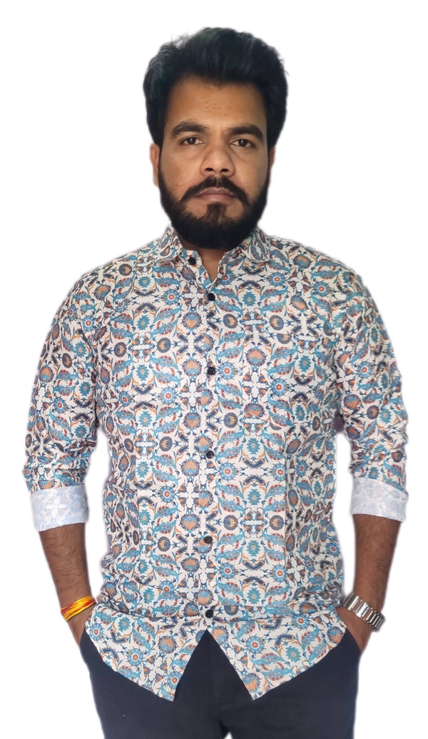 Sanganeri Floral Print Heavy Makhmal Full Sleeves All Over Printed Shirt For Men's - L