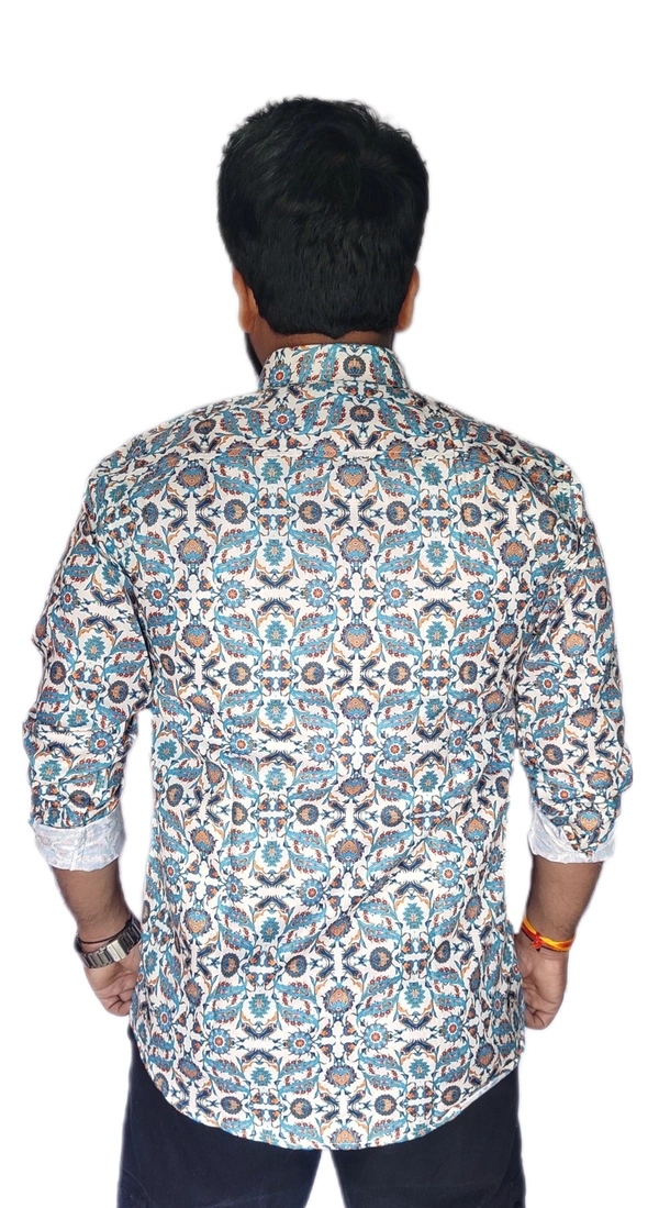 Sanganeri Floral Print Heavy Makhmal Full Sleeves All Over Printed Shirt For Men's - L