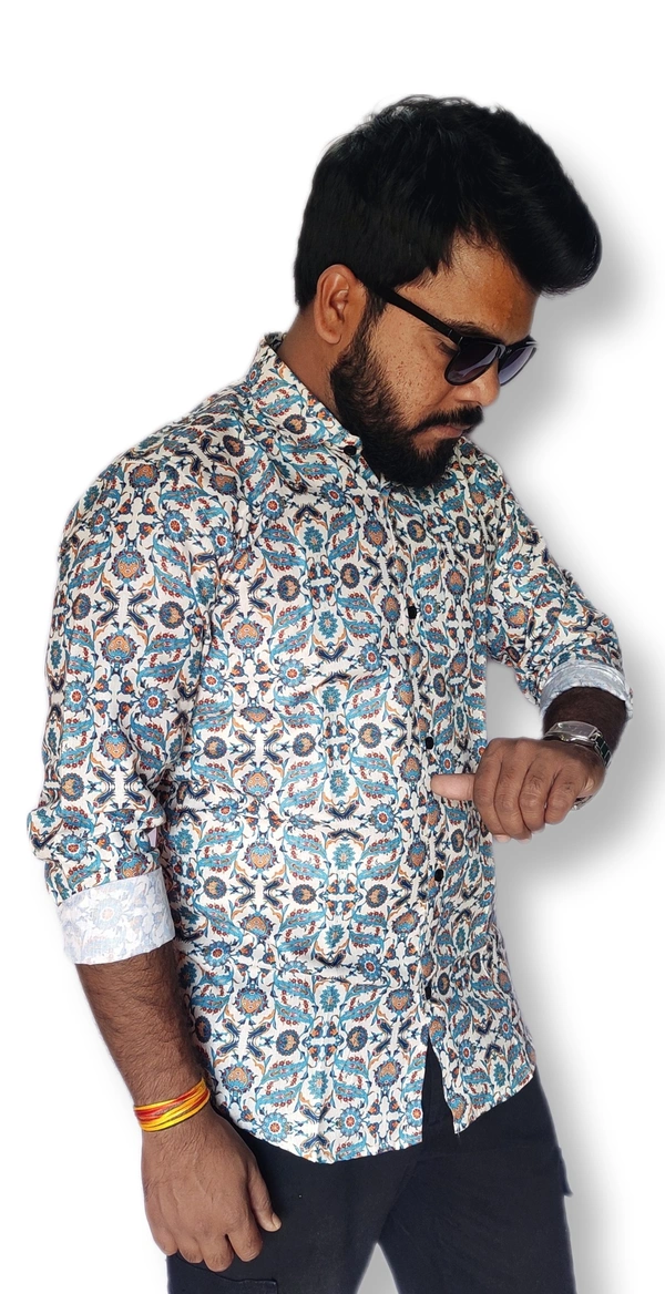Sanganeri Floral Print Heavy Makhmal Full Sleeves All Over Printed Shirt For Men's - L