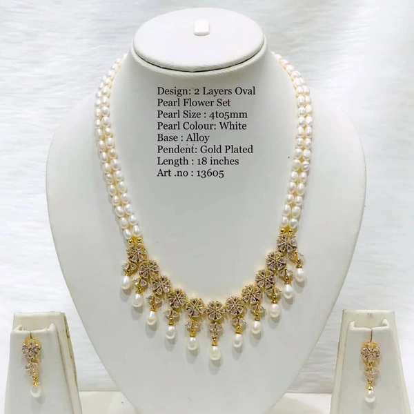 2 Layer Oval Pearl Flower Set - PN513 - 18 Inches Length, Golden