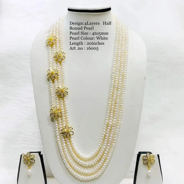 4 Layers Half Round Pearl Necklace - Golden, 20 Inches Length