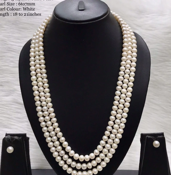3 Layer Round Pearl Mala - White, 6-7 MM, 18-21 Inches