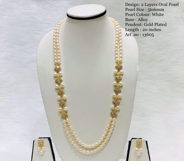 2 Side Pendent Pearl Necklace - 18 Inches, 4 MM, Golden