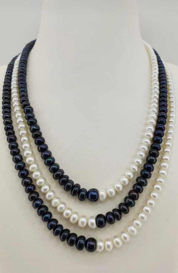 3 Layers Half Round Black & White Pearl Mala - 18 - 21, Black & White, 4-5 MM