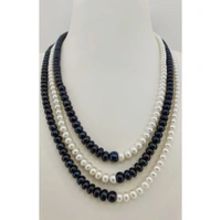 3 Layers Half Round Black & White Pearl Mala - 18 - 21, Black & White, 4-5 MM