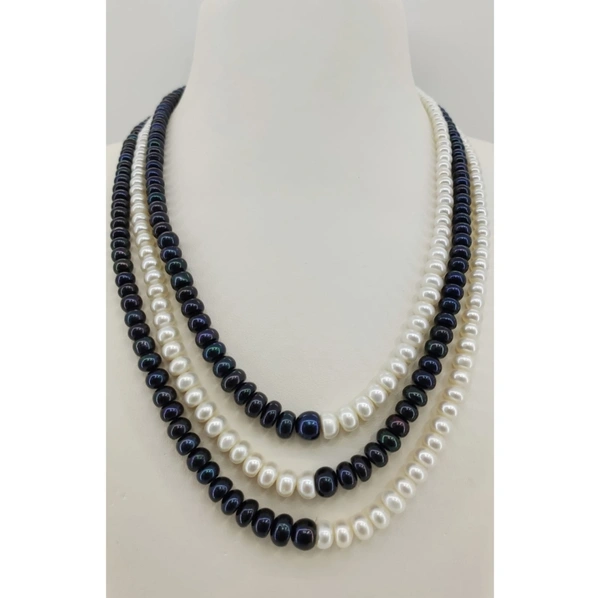3 Layers Half Round Black & White Pearl Mala - 18 - 21, Black & White, 4-5 MM