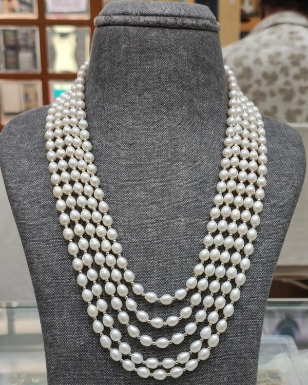 5 Layers Pearl Mala With Silver Plated Balls - White, 21 Inches, 4-5 MM