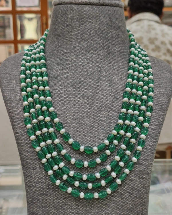 5 Layers Pearl And Green Aveza Stone Mala - 20 Inches, White, 4 MM