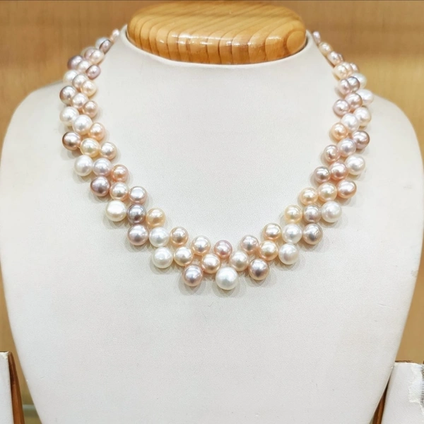 Pearl Zigzag Necklace - 18 Inches, White - Pink - Peach, 4-5 MM