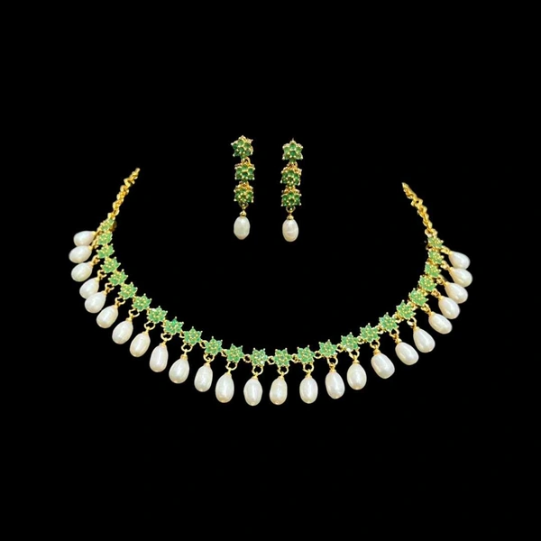 Drop Pearl Necklace - PN119 - Green, White, Adjustable