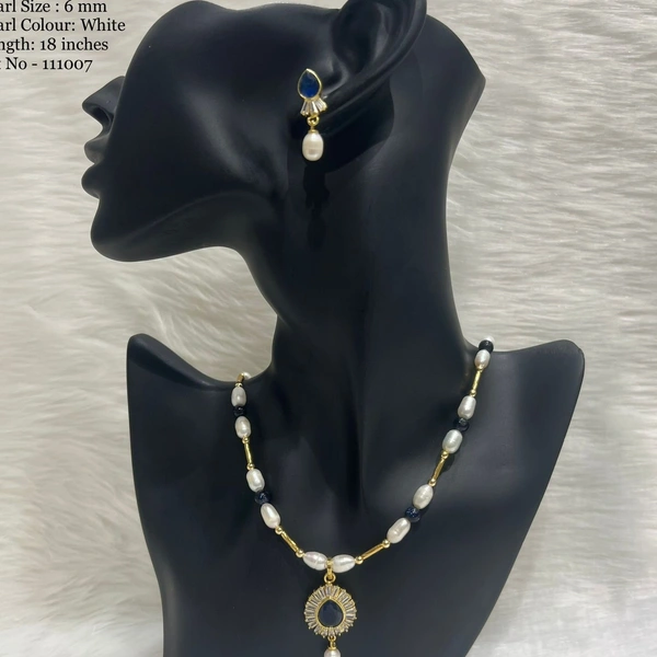 1 Layers Oval Pearl Necklace - PN129 - Blue, 18 Inches, 6 MM