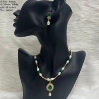 1 Layers Oval Pearl Necklace - PN129 - Green, 18 Inches, 6 MM
