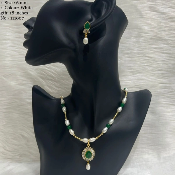 1 Layers Oval Pearl Necklace - PN129 - Green, 18 Inches, 6 MM