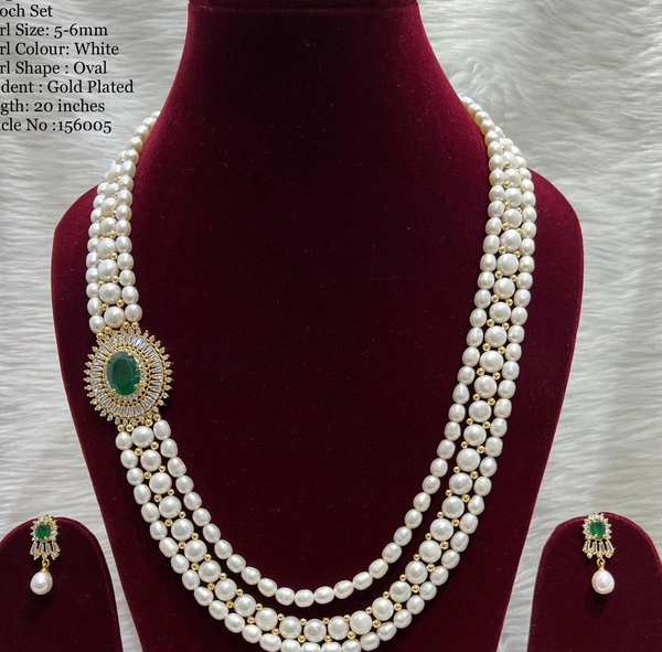 3 Layer Side Pendant Gold Plate Necklace - PN230 - Green, 20 Inches, White