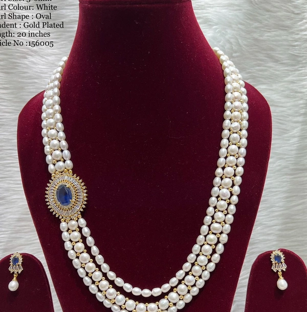 3 Layer Side Pendant Gold Plate Necklace - PN230 - Blue, 20 Inches, White