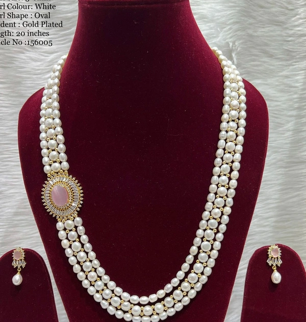 3 Layer Side Pendant Gold Plate Necklace - PN230 - Pink Lace, 20 Inches, White