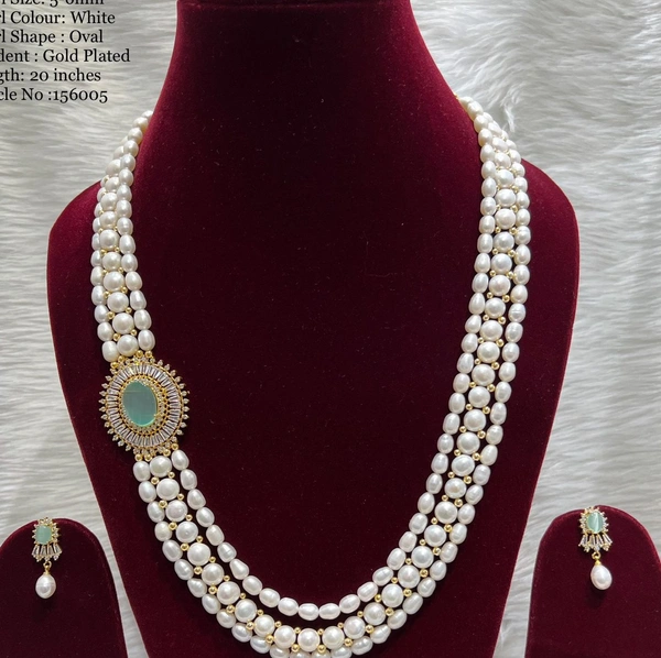 3 Layer Side Pendant Gold Plate Necklace - PN230 - Mint Green, 20 Inches, White