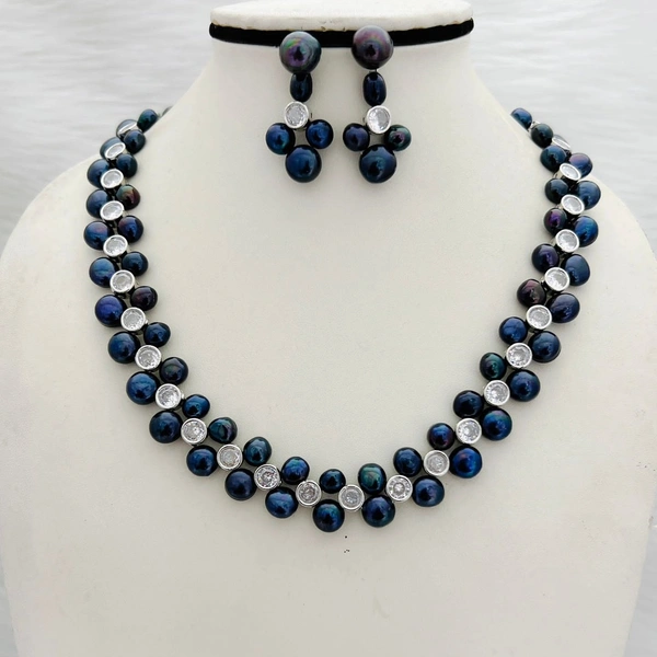 Button Pearl Necklace Whit Stone - PN301 - Dorado, 18 Inches, 4-5 MM