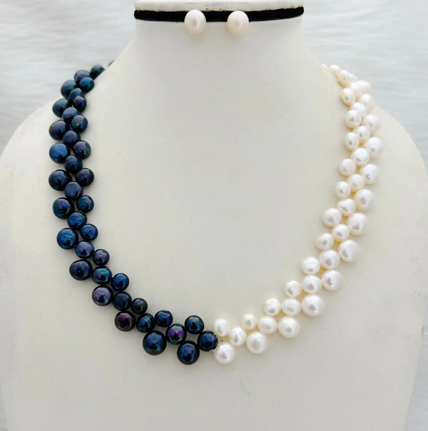 Metallic Black & White Pearl Necklace - PN302 - Mine Shaft, 18 Inches, 4-5 MM