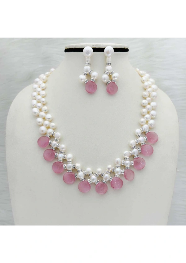 Zig Zag Button Pearl Necklace - PN324 - 18 Inches, Pink Lace, 5-6 MM
