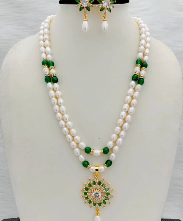 2 Layer Oval Pearl Necklace - PN332 - Green, 4-5 MM, 18 Inches